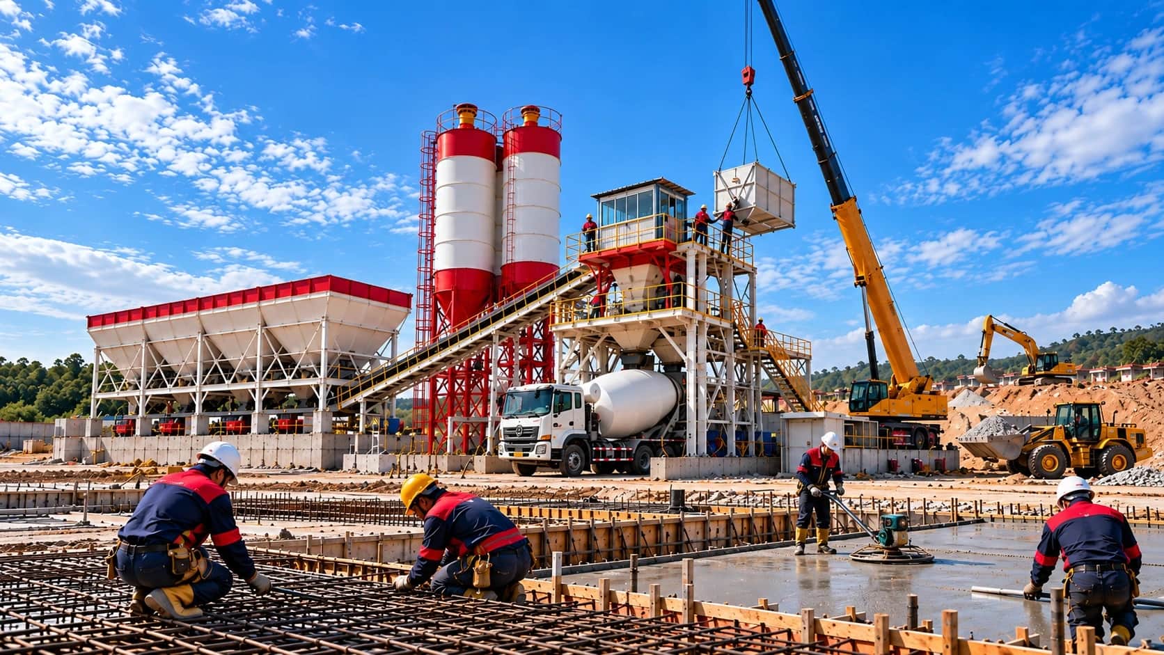 Ilustrasi AI fasilitas plant engineering dengan silo dan konveyor