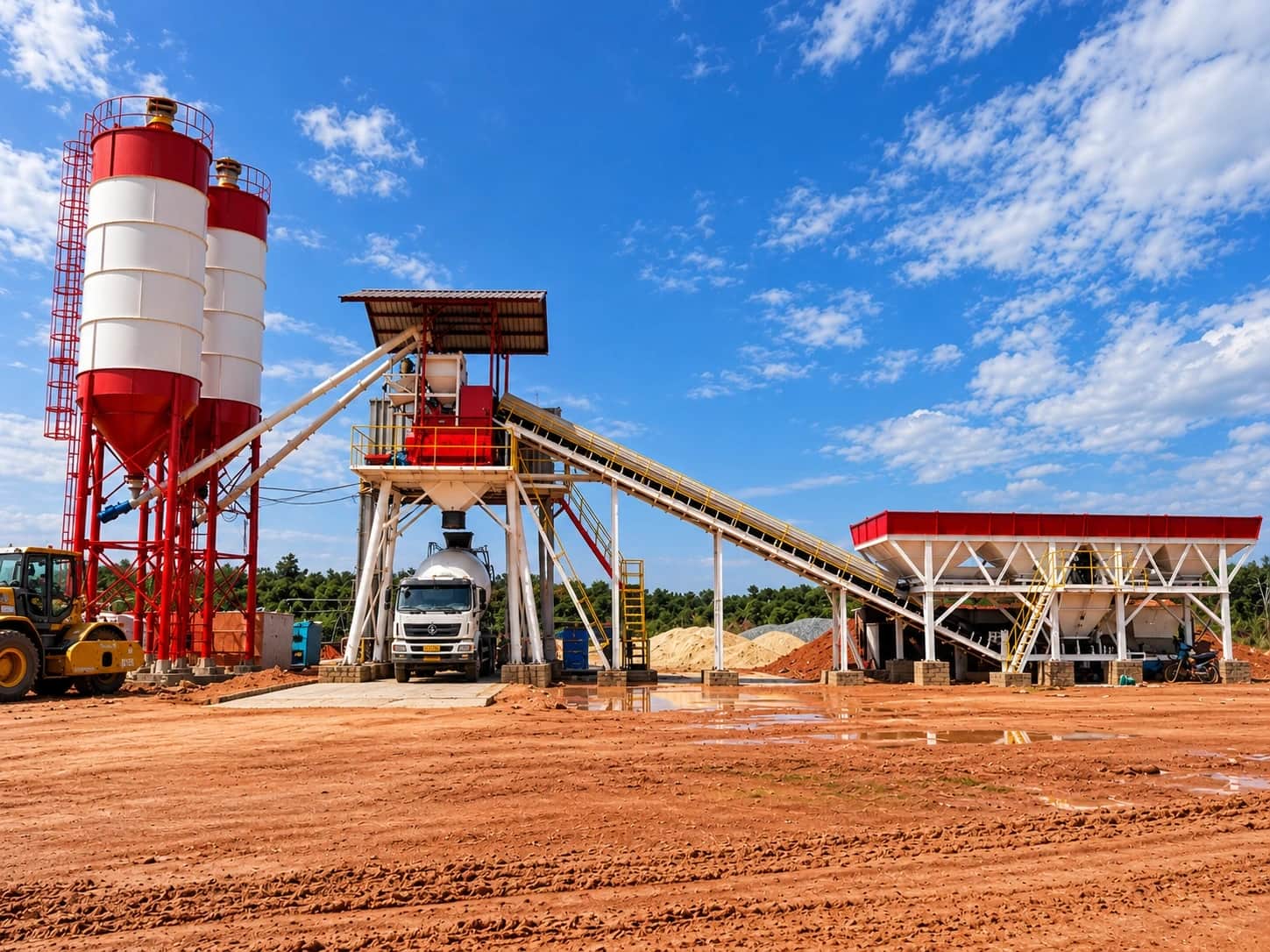 Ilustrasi AI fasilitas plant engineering dengan silo dan konveyor