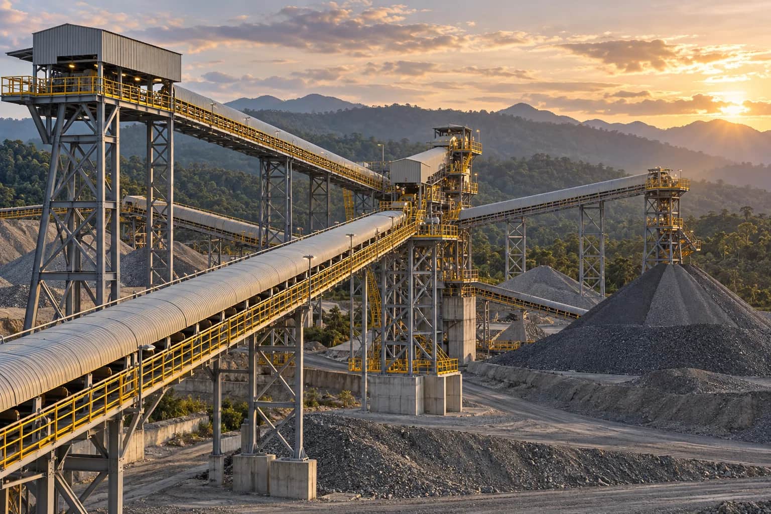 Ilustrasi AI conveyor agregat dengan struktur baja dan stockpile