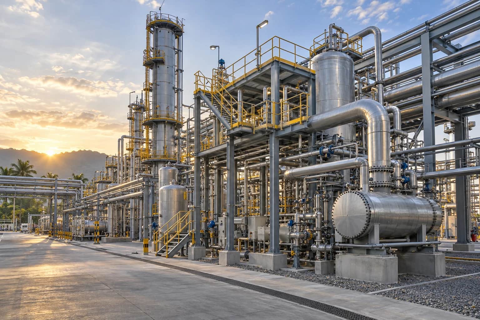 Ilustrasi AI industrial plant dengan jaringan pipa dan platform baja