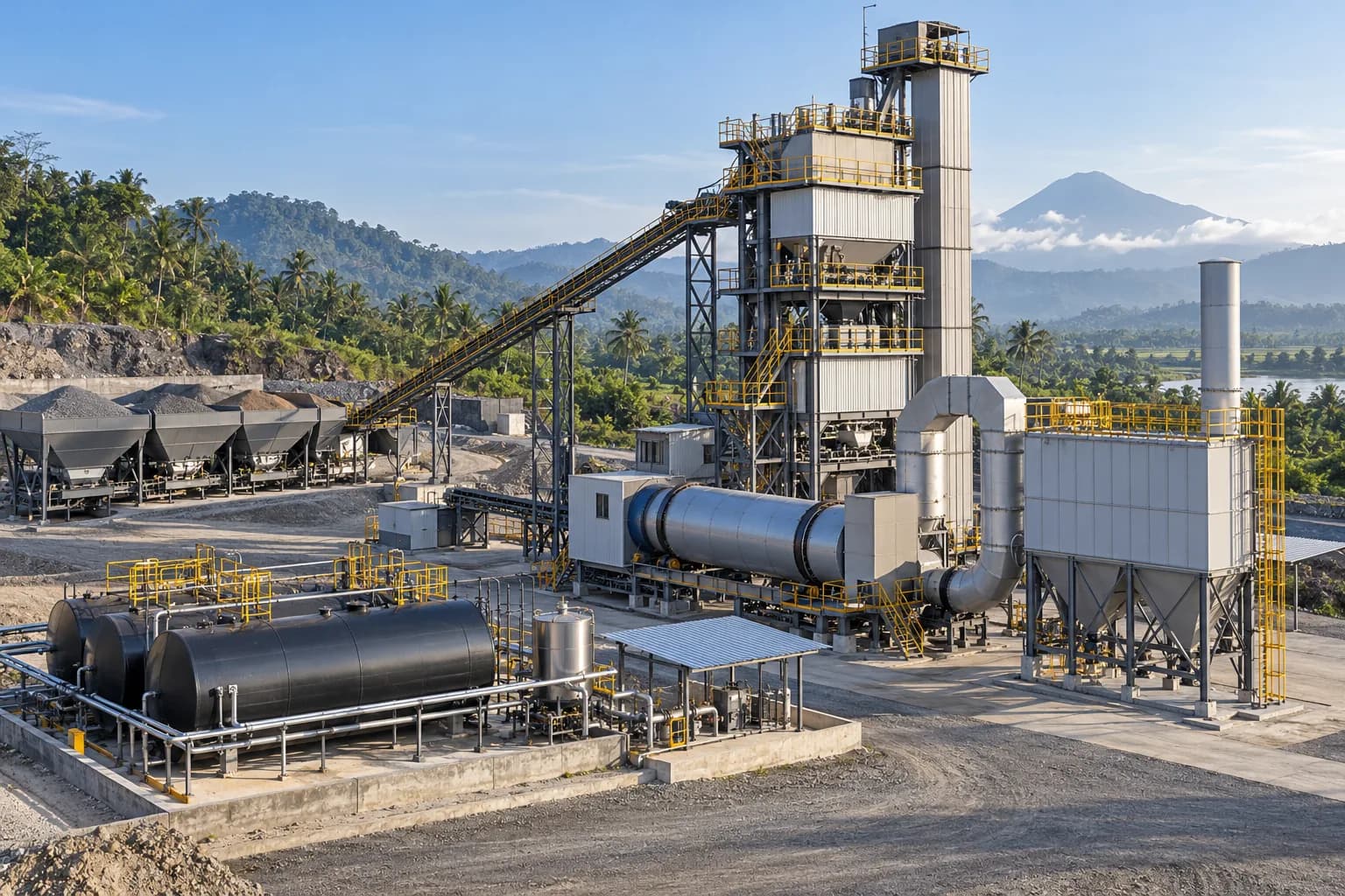 Ilustrasi AI asphalt mixing plant dengan mixing tower dan dryer