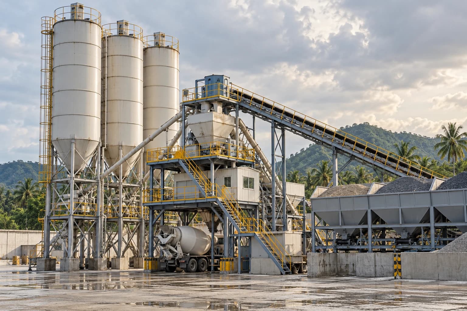 Ilustrasi AI batching plant dengan silo semen dan conveyor agregat