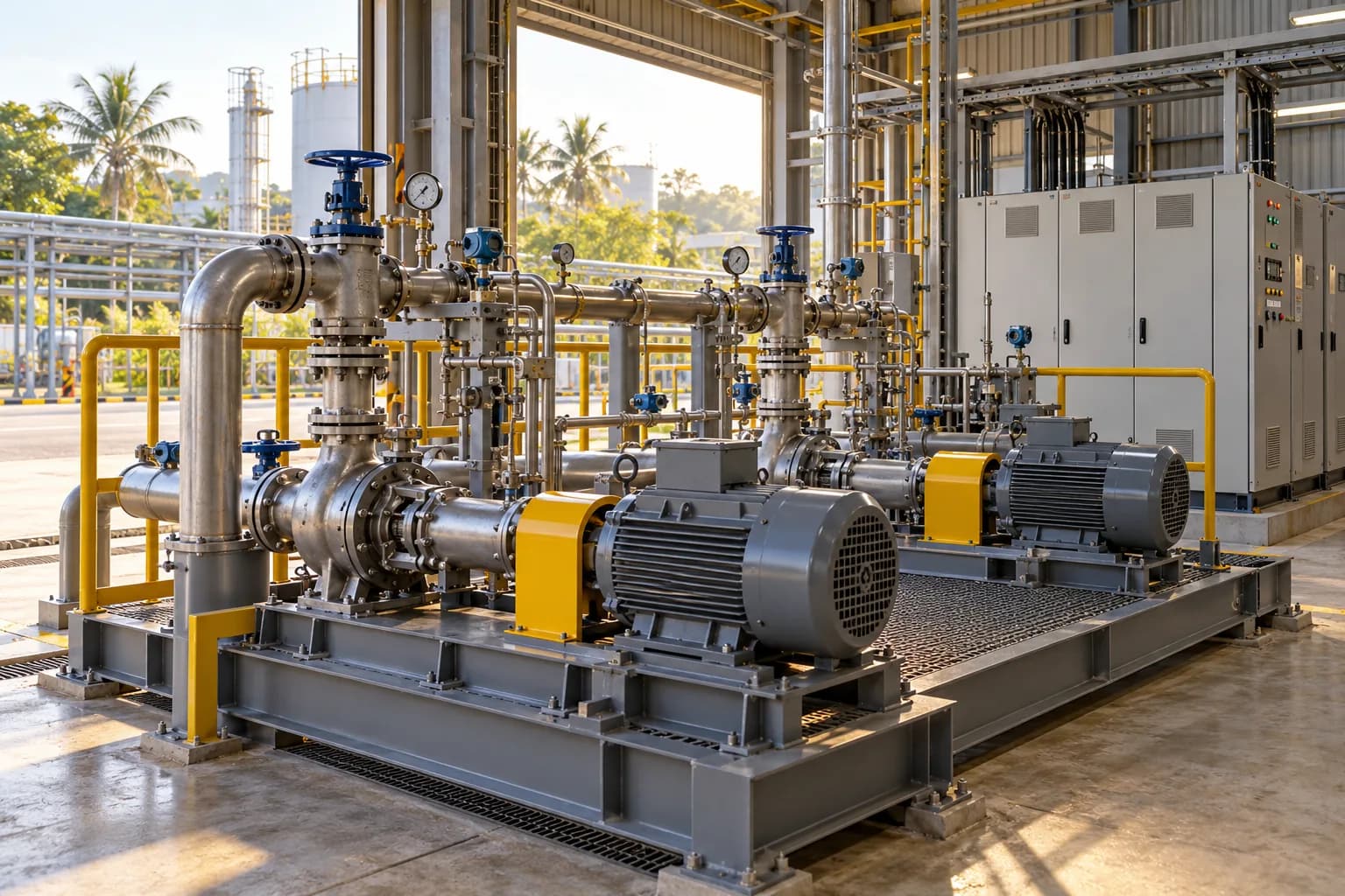 Ilustrasi AI unit pompa industri, motor listrik, dan panel kontrol