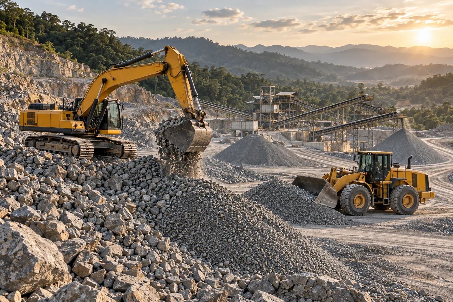 Ilustrasi AI excavator dan wheel loader pada area agregat