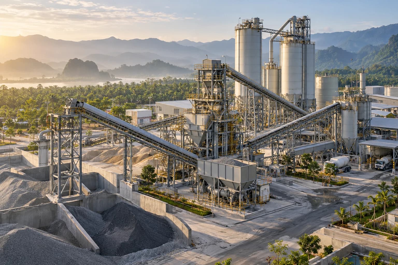 Ilustrasi AI fasilitas industri dengan silo dan jalur distribusi material
