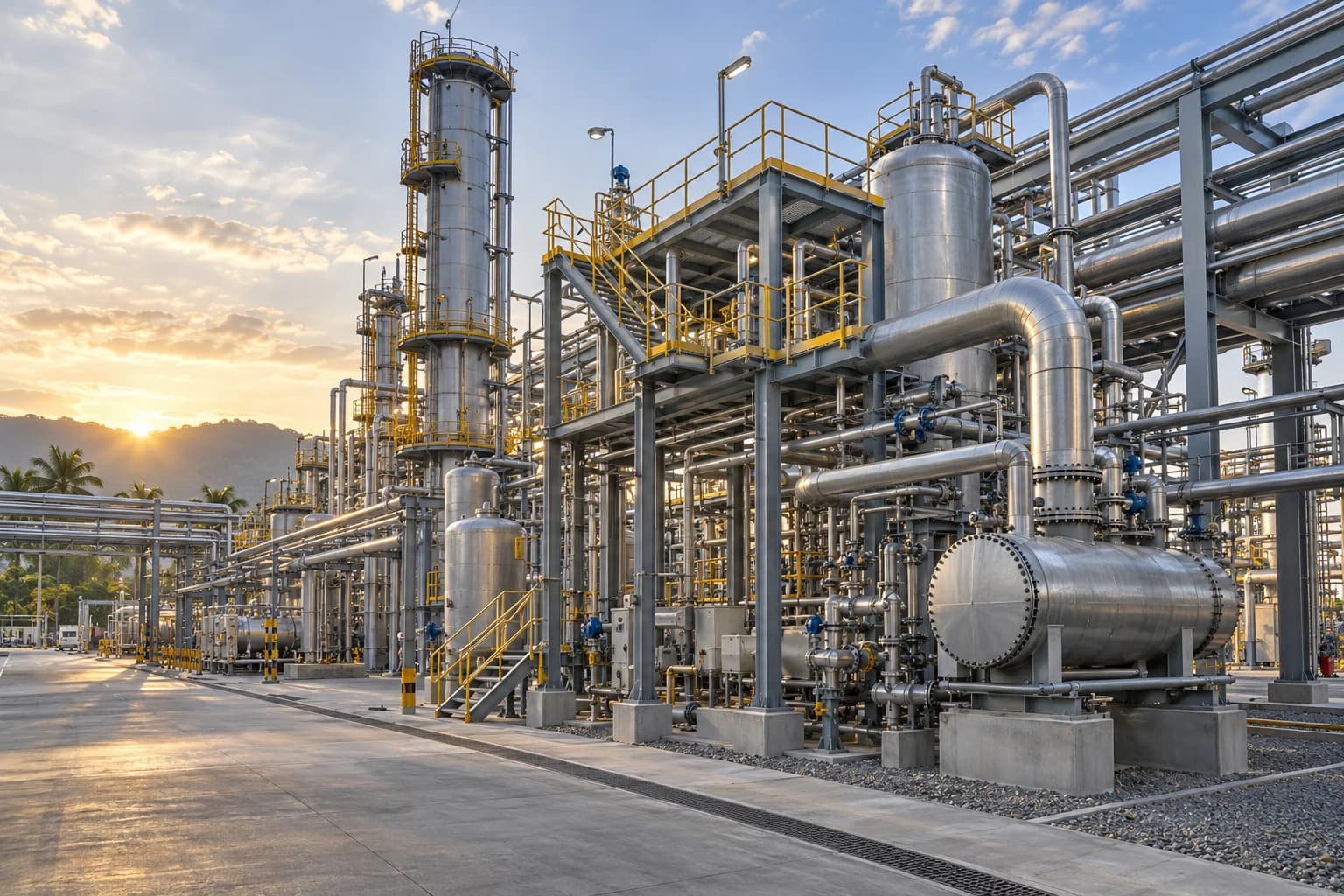 Ilustrasi AI industrial plant dengan jaringan pipa dan platform baja